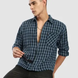 blue zipper cotton flannel shacket