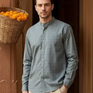 grey mandarin collar textured shirt