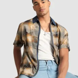 brown and blue denim collar zipper shirt