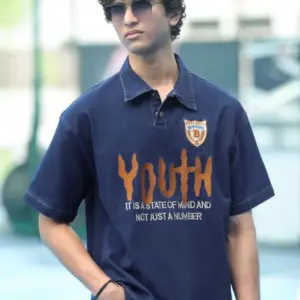 indigo youth embroidered denim polo t shirt